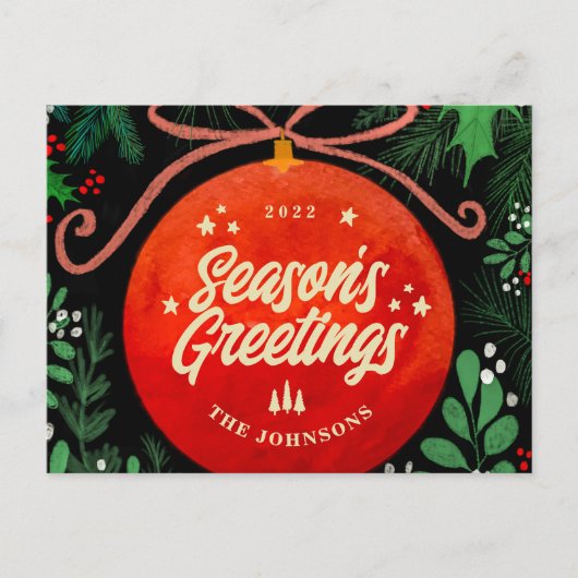 赤モダンクリスマスボールオーナメント植物学 シーズンポストカード (正面)