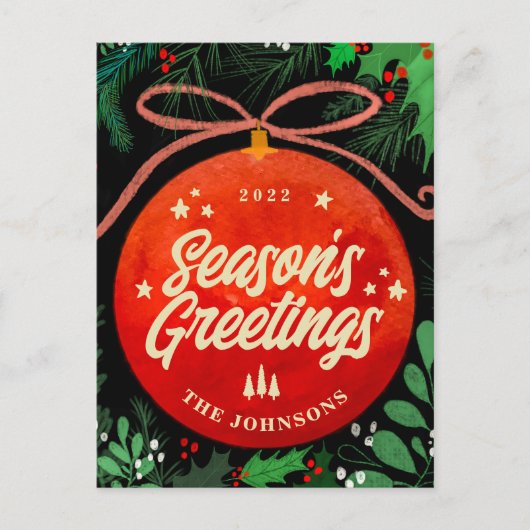 赤モダンクリスマスボールオーナメント植物学 シーズンポストカード (正面)