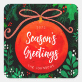 赤モダンクリスマスボールオーナメント植物学 スクエアシール (正面)