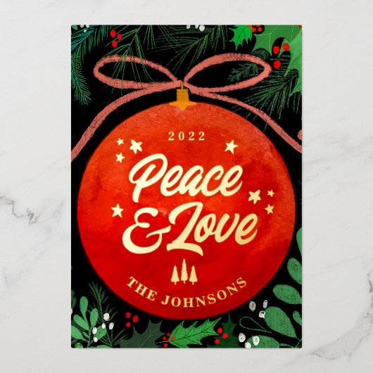 赤モダンクリスマスボールオーナメント植物学 箔シーズンカード (正面)