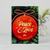 赤モダンクリスマスボールオーナメント植物学 箔シーズンカード (立ち正面)