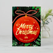 赤モダンクリスマスボールオーナメント植物学 箔シーズンカード (立ち正面)