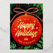 赤モダンクリスマスボールオーナメント植物学 箔シーズンカード (正面)