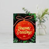 赤モダンクリスマスボールオーナメント植物学 箔シーズンポストカード (立ち正面)