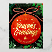 赤モダンクリスマスボールオーナメント植物学 箔シーズンポストカード (正面)