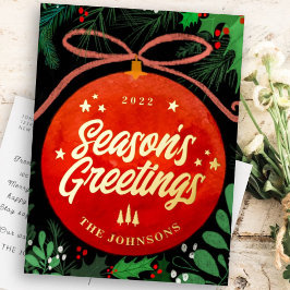 赤モダンクリスマスボールオーナメント植物学 箔シーズンポストカード