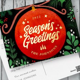 赤モダンクリスマスボールオーナメント植物学 箔シーズンポストカード