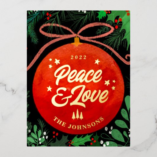 赤モダンクリスマスボールオーナメント植物学 箔シーズンポストカード (正面)