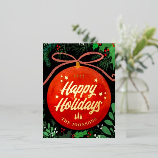 赤モダンクリスマスボールオーナメント植物学 箔シーズンポストカード (立ち正面)