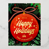 赤モダンクリスマスボールオーナメント植物学 箔シーズンポストカード (正面)