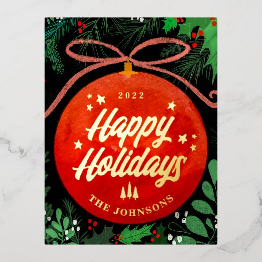 赤モダンクリスマスボールオーナメント植物学 箔シーズンポストカード (正面)