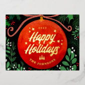 赤モダンクリスマスボールオーナメント植物学 箔シーズンポストカード (正面)