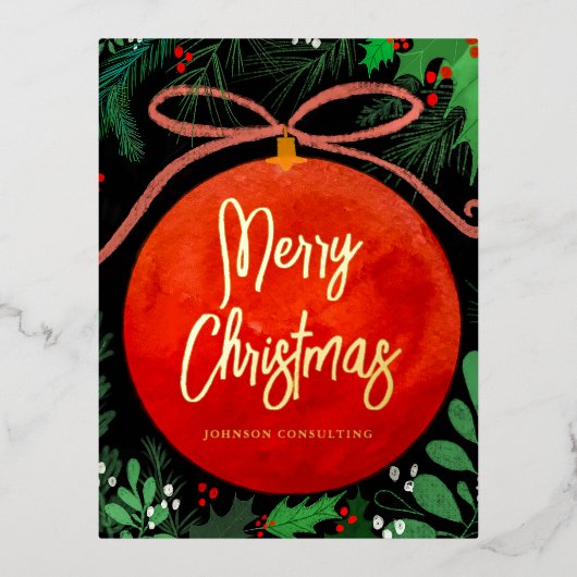 赤モダンクリスマスボールオーナメント植物学 箔シーズンポストカード (正面)
