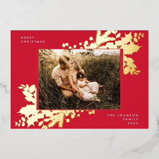 赤モダンクリスマス金ゴールド植物写真枠 箔シーズンカード (正面)