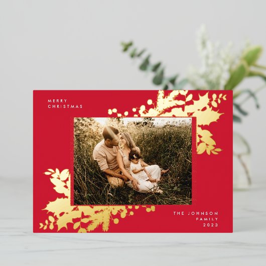 赤モダンクリスマス金ゴールド植物写真枠 箔シーズンカード (立ち正面)