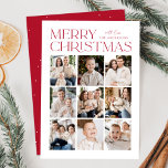 赤モダンクリスマス9フォトコラージュ シーズンカード<br><div class="desc">白い背景モダンを持つトレンディーレッドレタリングでデザインのトップに表示される「メリークリスマス」を特徴とするクリスマスフォトカード。以下のグリッドスタイルレイアウトでは、9枚の写真のコラージュを示す。家族の名前数々ので写真のクリスマスカードをパーソナライズ。カードが反転し、白いドット（雪）で赤い背景が表示される。</div>