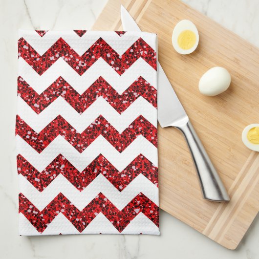 赤モダングリッターシェブロンのキッチンディッシュタオル キッチンタオル (四つ折り)