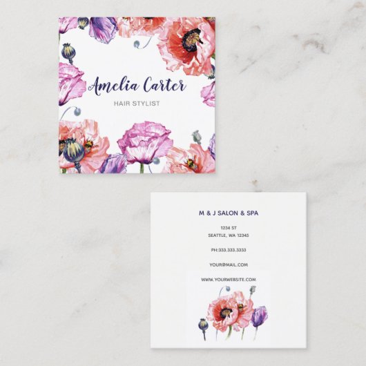 赤モダンケシフローラガーリーかわいいパーソナライズされた スクエア名刺 (正面/裏面)