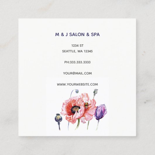 赤モダンケシフローラガーリーかわいいパーソナライズされた スクエア名刺 (裏面)