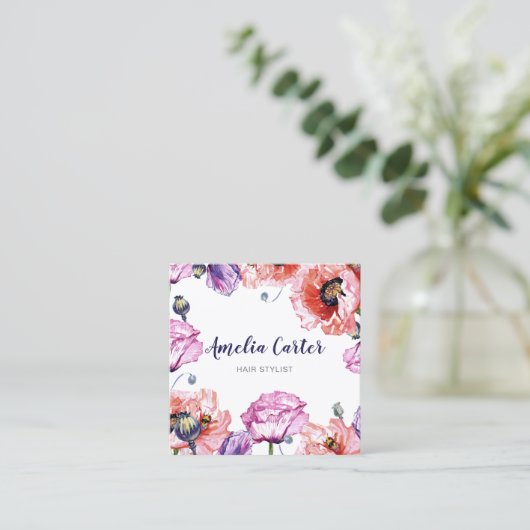 赤モダンケシフローラガーリーかわいいパーソナライズされた スクエア名刺 (スタンド正面)