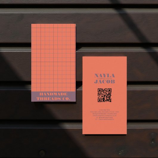 赤モダンサンゴ市松模様に型QRコード 名刺