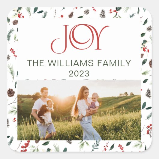赤モダンジョイタイポグラフィ水の色クリスマス スクエアシール (正面)