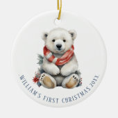 赤モダンスカーフ付きクリスマスポーラーベア セラミックオーナメント (正面)