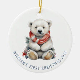 赤モダンスカーフ付きクリスマスポーラーベア セラミックオーナメント