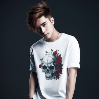 赤モダンスタイリッシュフローラ黒糖スカル Tシャツ