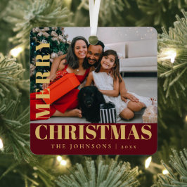 赤モダンスタイリッシュメリーのクリスマス家族の写真 メタルオーナメント