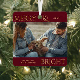 赤モダンスタイリッシュメリーのクリスマス家族の写真 メタルオーナメント