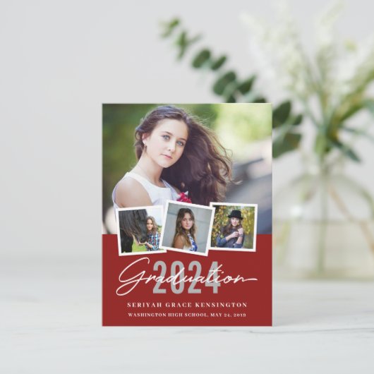 赤モダンスタイリッシュ任意の年の卒業写真4 ポストカード (スタンド正面)