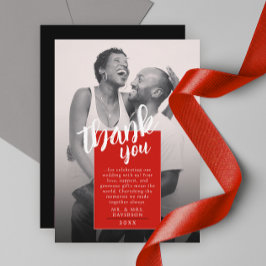赤モダンスタイリッシュ白フォトQRサンキューカード セーブザデート