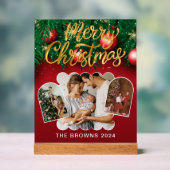 赤モダンスタイリッシュ金ゴールドクリスマス家族の写真 アクリルサイン (ニュートラル)