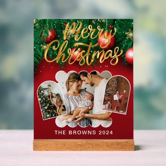赤モダンスタイリッシュ金ゴールドクリスマス家族の写真 アクリルサイン (ニュートラル)