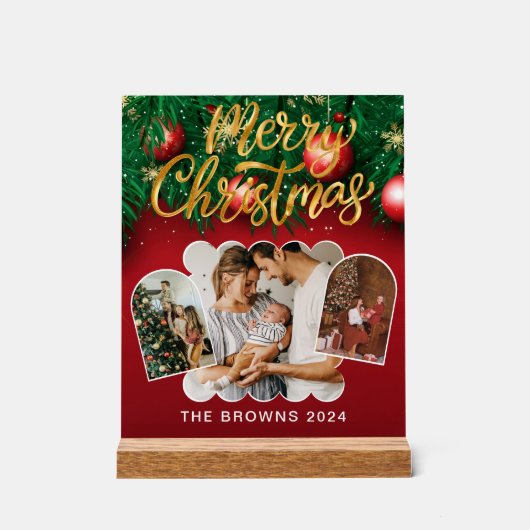 赤モダンスタイリッシュ金ゴールドクリスマス家族の写真 アクリルサイン (正面)