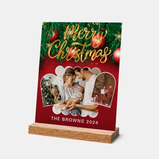 赤モダンスタイリッシュ金ゴールドクリスマス家族の写真 アクリルサイン (傾斜)
