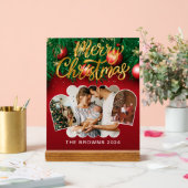 赤モダンスタイリッシュ金ゴールドクリスマス家族の写真 アクリルサイン (ウェディング)