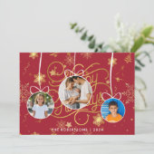 赤モダンスタイリッシュ金ゴールドクリスマス家族の写真 シーズンカード (スタンド正面)