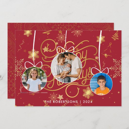 赤モダンスタイリッシュ金ゴールドクリスマス家族の写真 シーズンカード (正面/裏面)