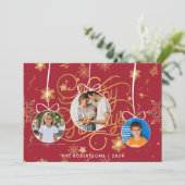 赤モダンスタイリッシュ金ゴールドクリスマス家族の写真 シーズンカード (スタンド正面)