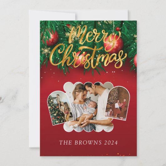 赤モダンスタイリッシュ金ゴールドクリスマス家族の写真 シーズンカード (正面)