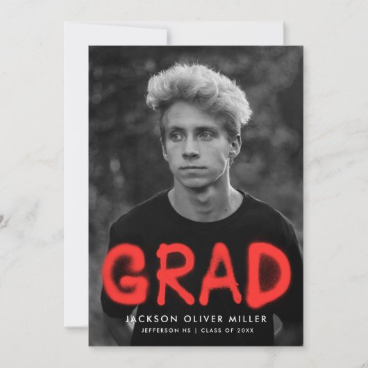 赤モダンスプレー絵を描タイポグラフィ写真卒業 案内状 (正面)