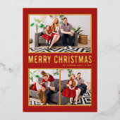 赤モダンタイポグラフィクリスマススリーフォト 箔シーズンカード (正面)