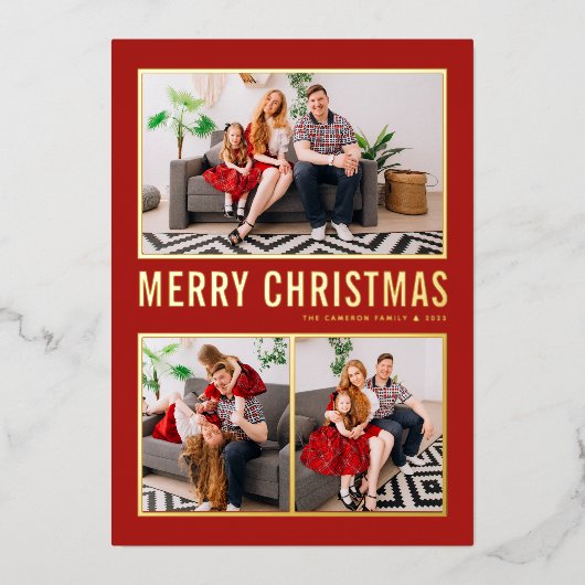 赤モダンタイポグラフィクリスマススリーフォト 箔シーズンカード (正面)