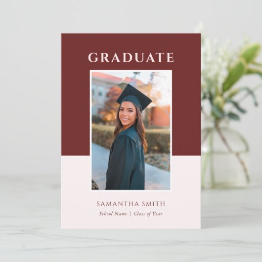 赤モダンタイポグラフィシンプル写真卒業 招待状 (スタンド正面)