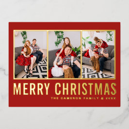 赤モダンタイポグラフィフォトコラージクリスマス 箔シーズンポストカード