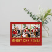 赤モダンタイポグラフィフォトコラージクリスマス 箔シーズンポストカード (立ち正面)