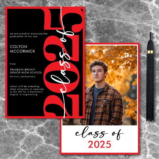 赤モダンタイポグラフィ卒業発表 招待状