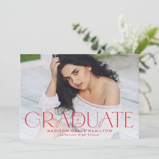 赤モダンタイポグラフィ2写真卒業 案内状 (スタンド正面)